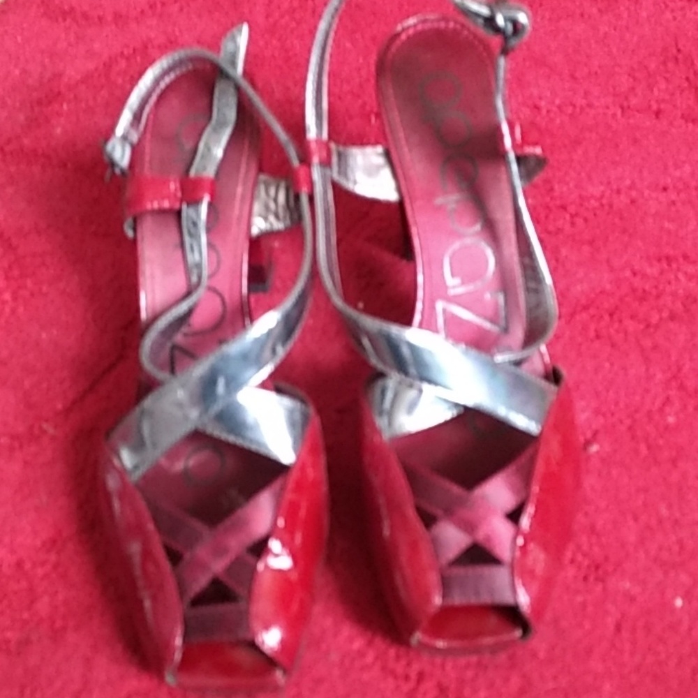 Red patent leather hi heel sandals